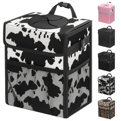 Capolo cow-print car trash can with lid keeps cabin tidy on road trips.