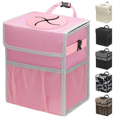 Capolo car trash can with pink lid on front seat for tidy organization and easy disposal.
