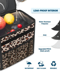 Capolo leopard car trash bin with 3 mesh pockets keeps tissues and snacks organized