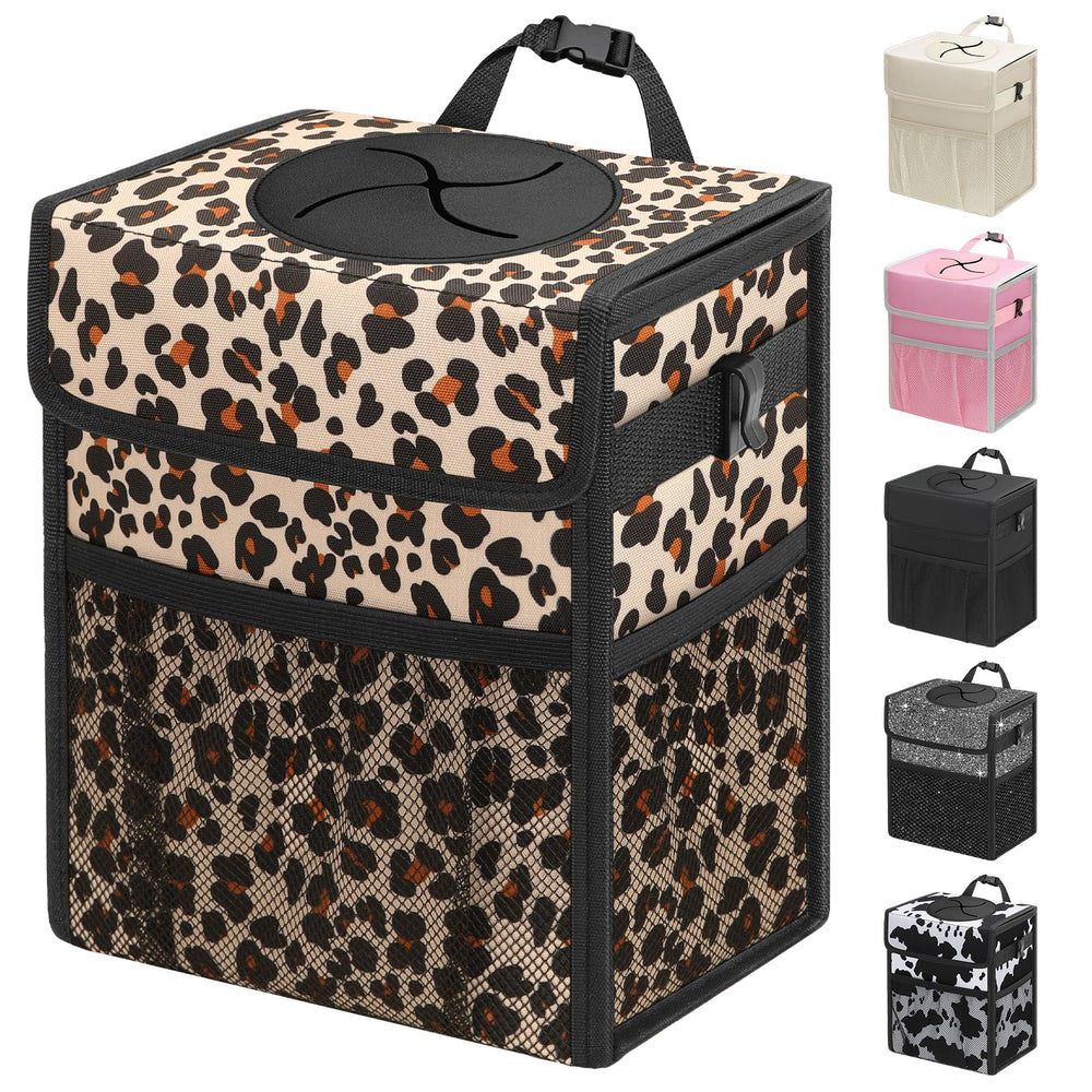 Capolo leopard car trash bin with lid helps keep the cabin tidy while driving