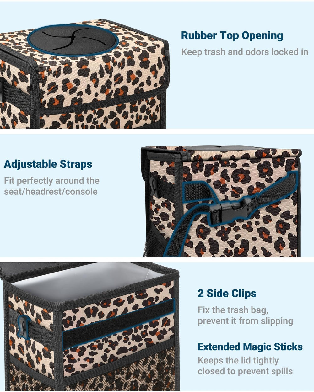 Capolo leopard car trash bin built-in PVC support stays upright for easy use