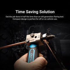 Capri Tools double flaring tool in use on tubing ensures clean brake line joins.