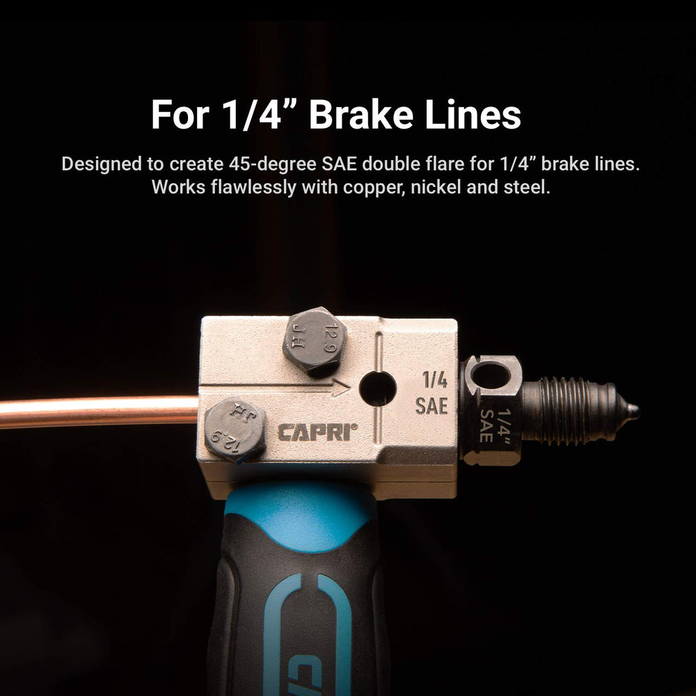Capri Tools double flaring tool off-vehicle setup for tight engine bay spots.
