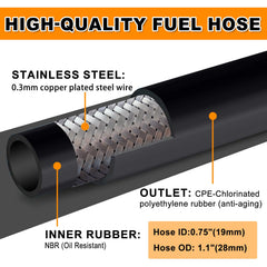 Caqeg diesel and gasoline fuel transfer hose connection shows secure fittings for outdoor use.