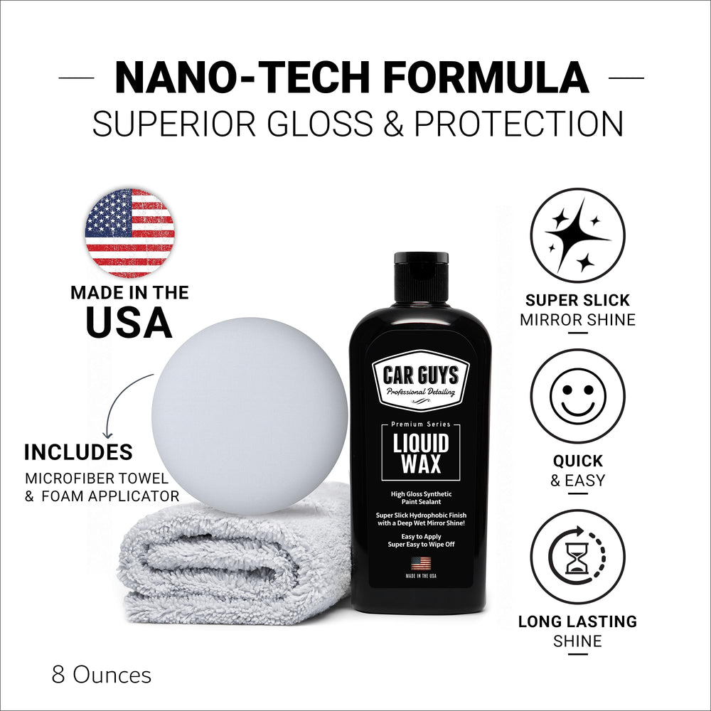 CAR GUYS Liquid Wax delivers deep gloss on a painted surface.