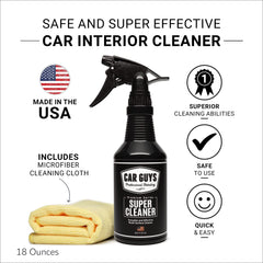 Leather seat cleaning with CAR GUYS Super Cleaner to refresh and protect textures.