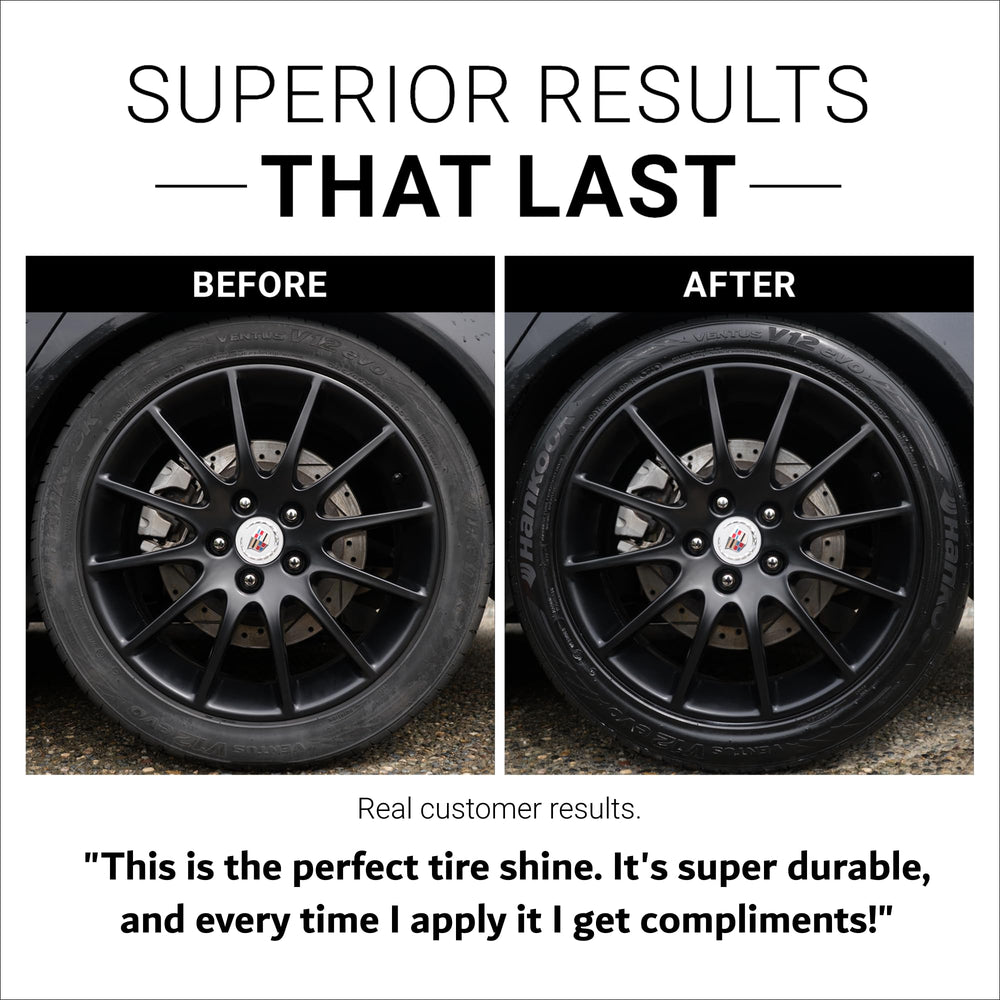CAR GUYS Tire Shine Spray demonstrates a glossy finish on tires
