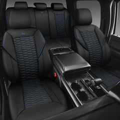 CAR PASS quilted design with blue piping elevates interior style.