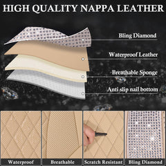 CAR PASS beige leather bling diamond detail close-up adds sparkle and premium texture.