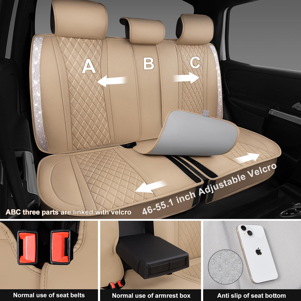 CAR PASS beige leather bling rear headrest covers shield upholstery stylishly.