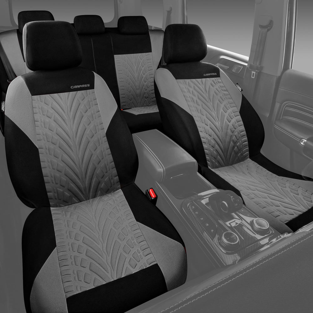 CAR PASS black and gray interior seat covers enhance cabin aesthetics.