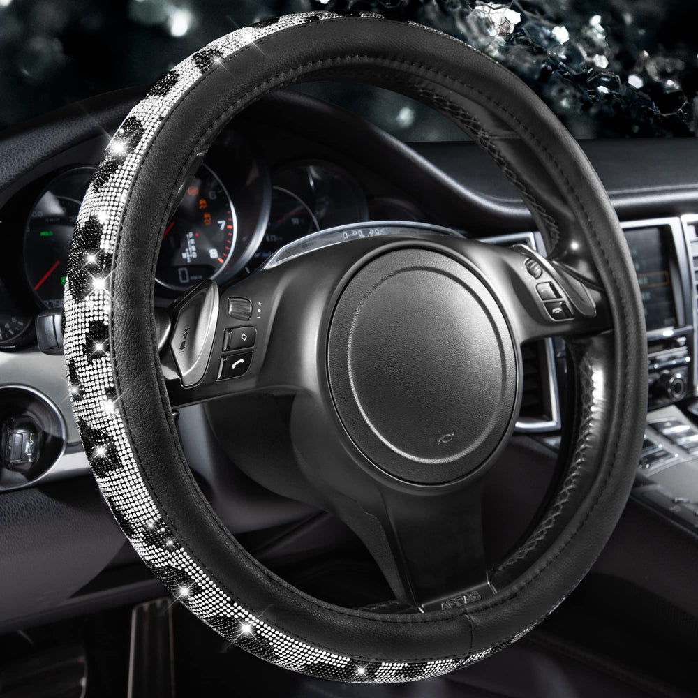 CAR PASS Bling Cow Print steering wheel cover with 14.5–15 inch fit and stylish grip.