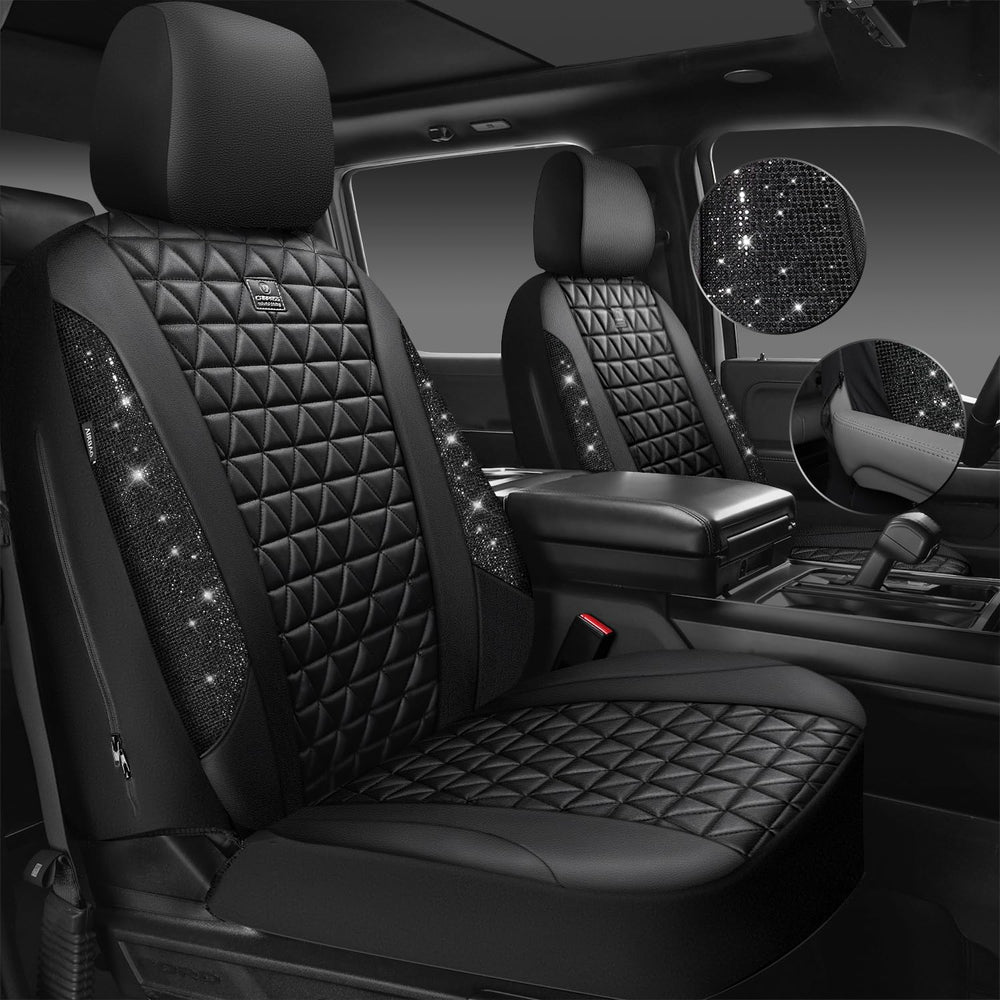 CAR PASS rhinestone detail on front seat cover adds luxury and protection.