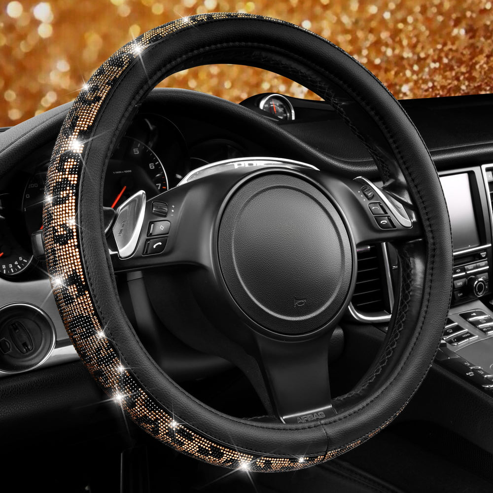 CAR PASS Bling diamond steering wheel cover in leopard pattern enhances style and grip.