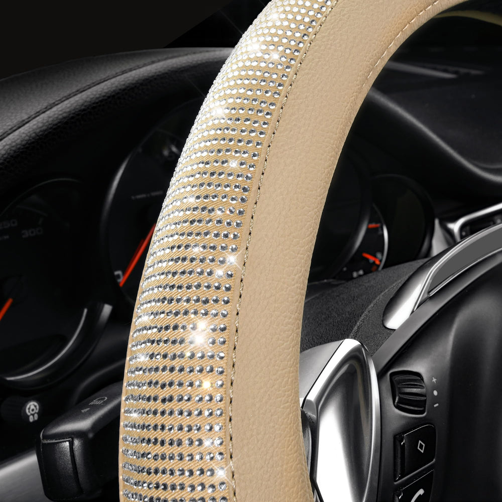 CAR PASS steering wheel cover on wheel demonstrates universal fit and sparkle.