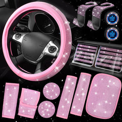CAR PASS bling pink steering wheel cover adds sparkle and grip for a stylish drive.