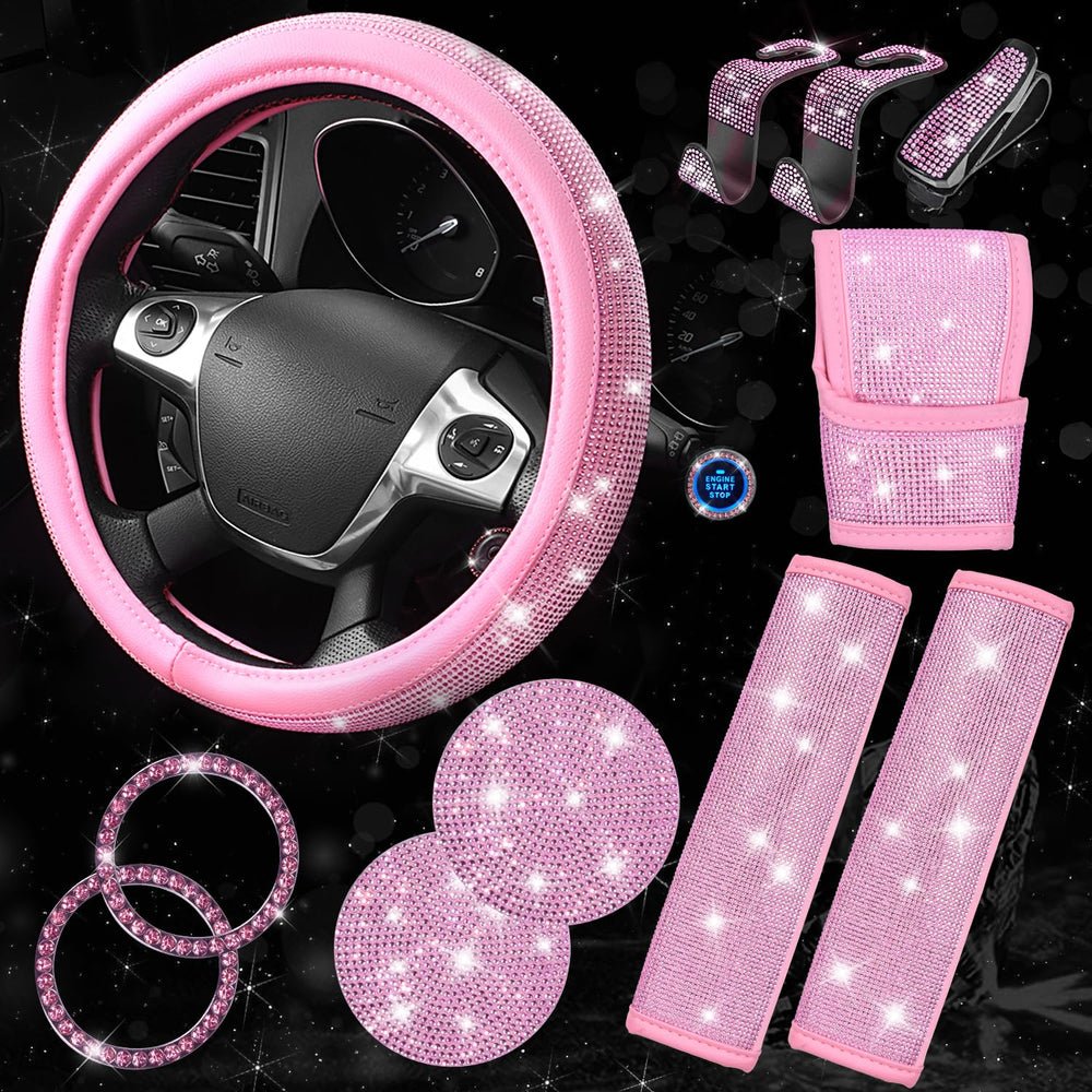 CAR PASS bling steering wheel cover adds pink diamond sparkle to the interior.