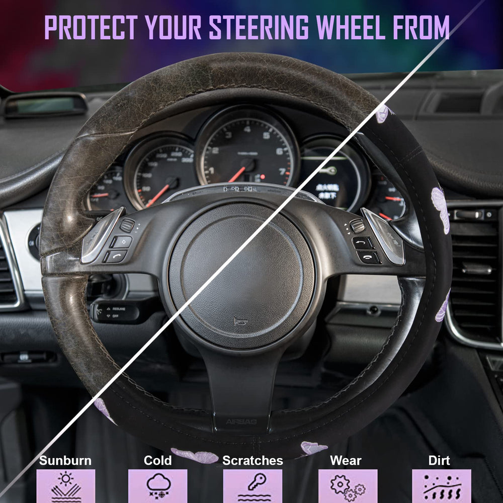 Butterfly embroidery close-up on CAR PASS steering wheel cover for refined interior style.