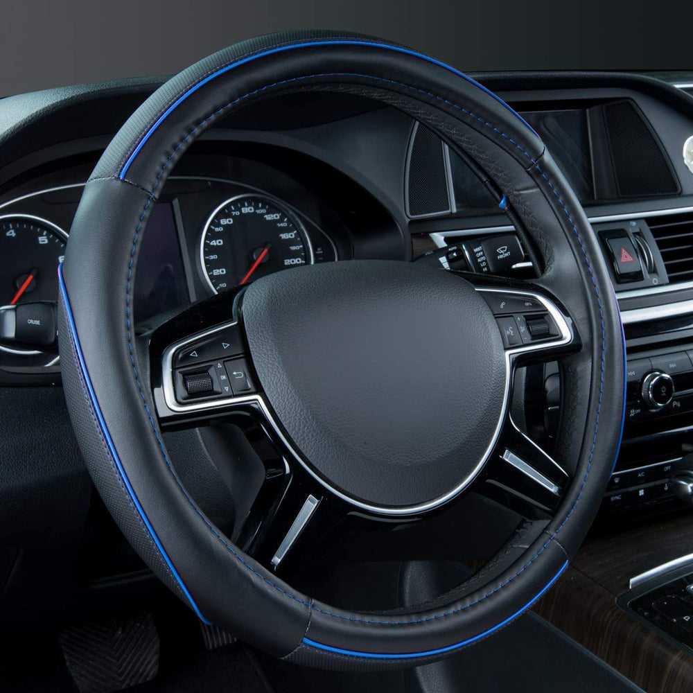 CAR PASS Colour Piping Leather steering wheel cover top view adds grip and style.
