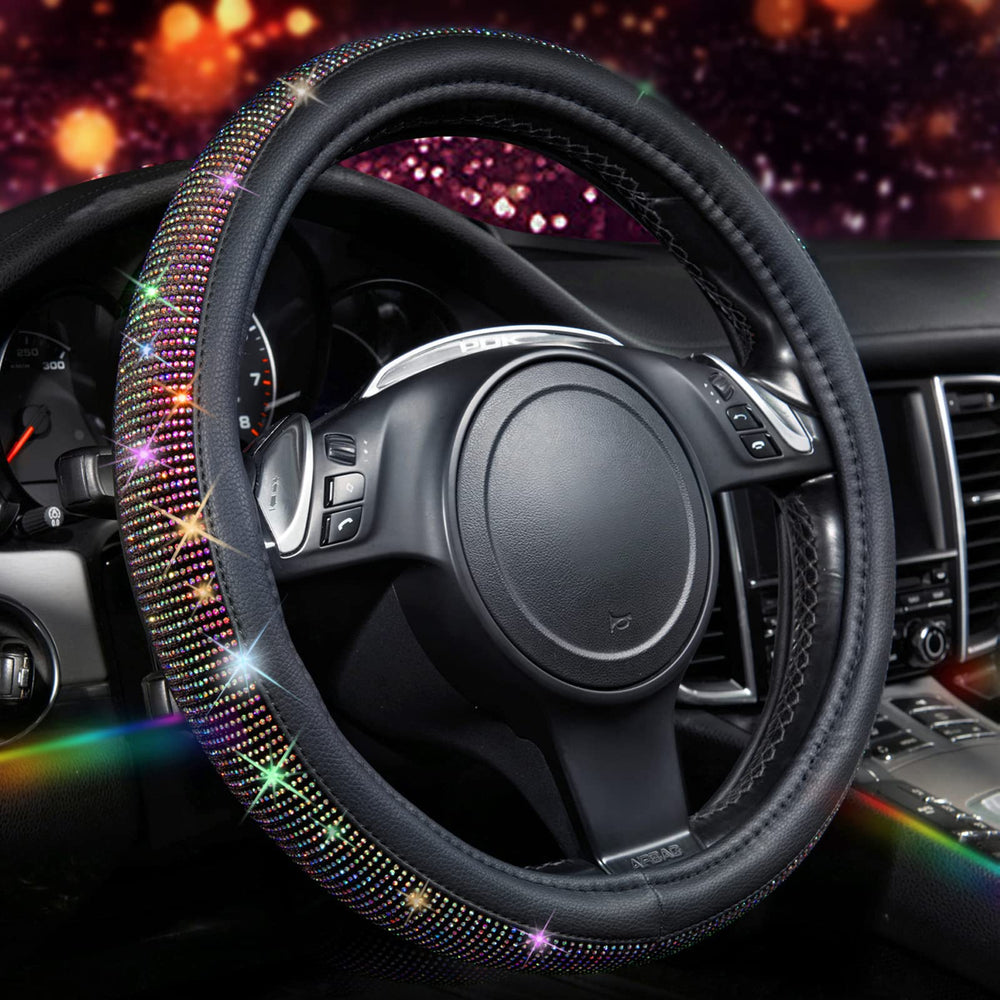 CAR PASS Diamond Leather steering wheel cover with bling adds luxury grip.