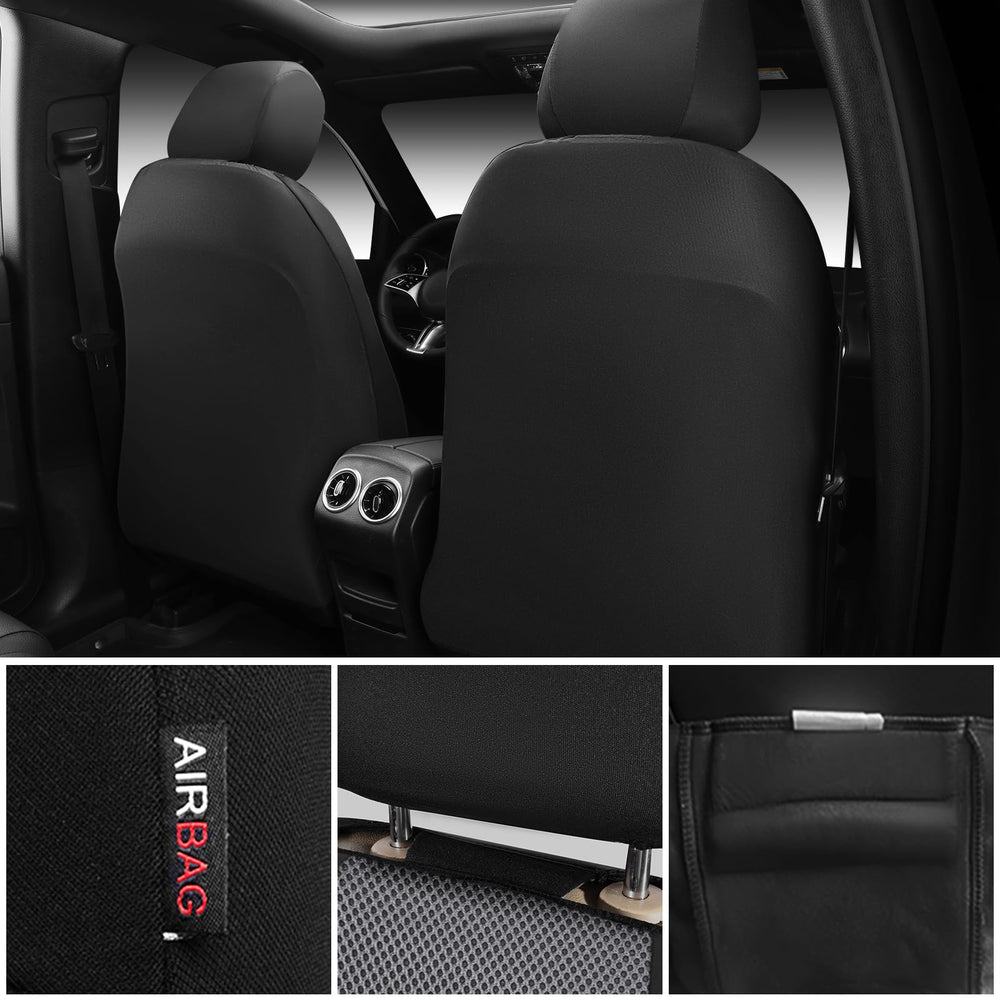 CAR PASS easy-install front seat cover with accessible headrest and belt openings.