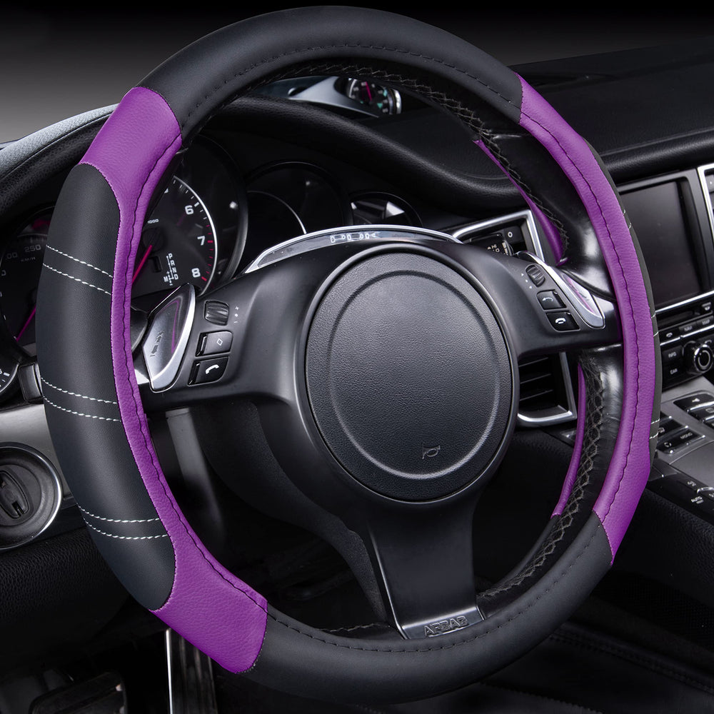 CAR PASS Line Rider microfiber leather steering cover highlights premium grip and texture.