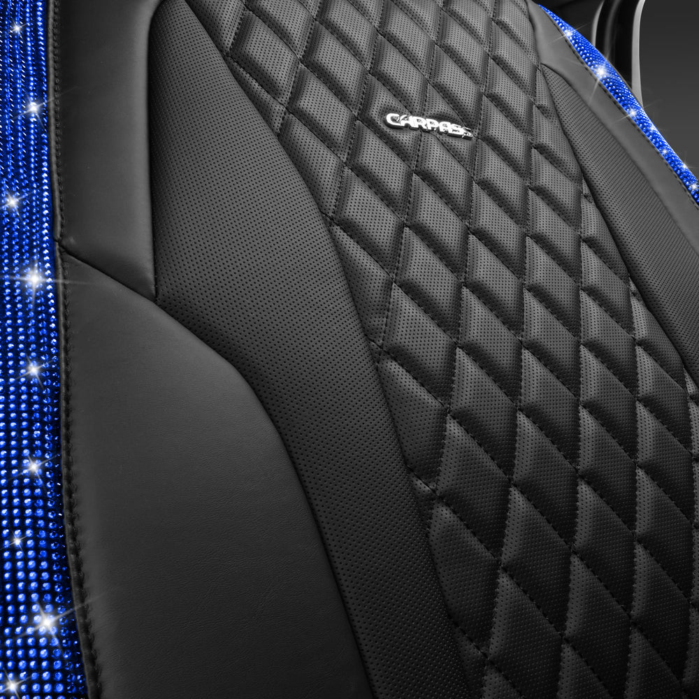 CAR PASS front seat detail shows premium leather texture and sparkle.