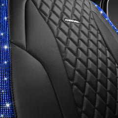 CAR PASS front seat detail shows premium leather texture and sparkle.