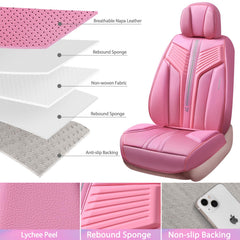 CAR PASS pink nappa front-backrest cover demonstrating snug fit and quick installation