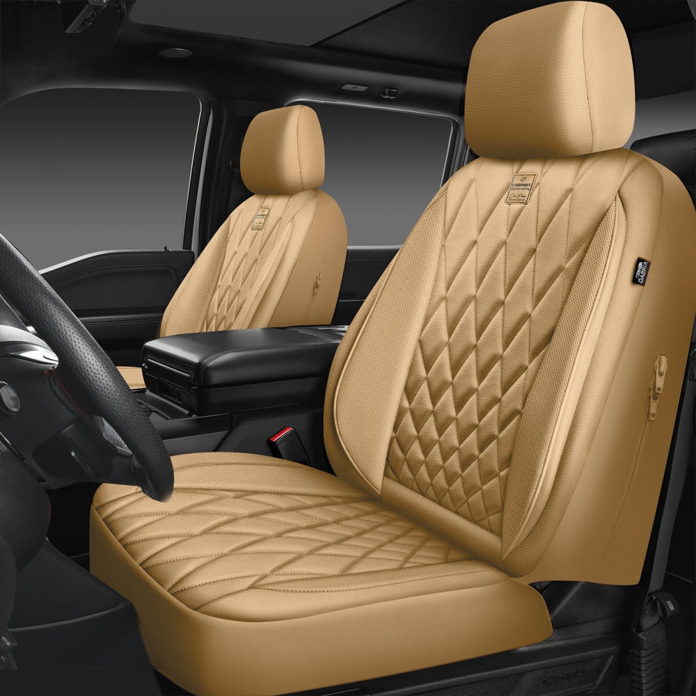 CAR PASS beige PU leather front seat cover with diamond stitching protects seats from spills