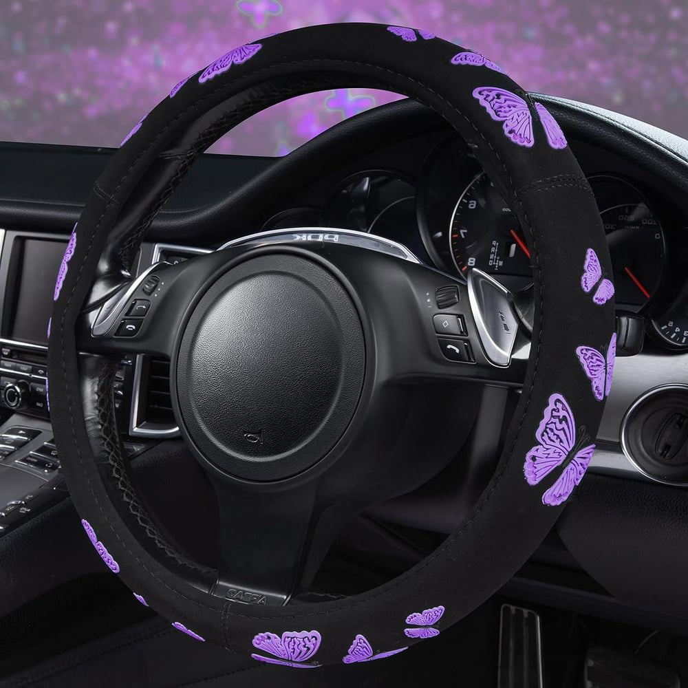 CAR PASS Purple Butterfly steering wheel cover front view shows vibrant butterfly design and style.