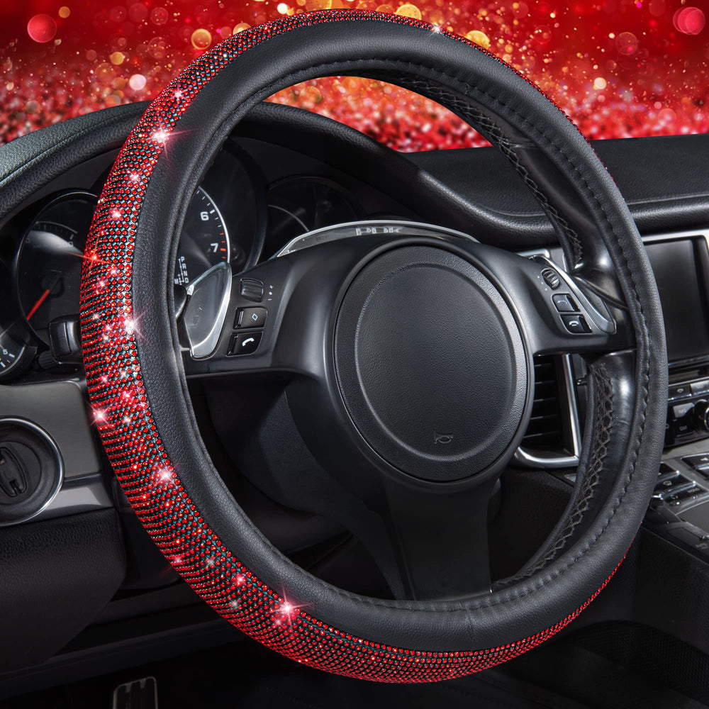 CAR PASS Red Diamond Leather Steering Wheel Cover with universal fit and premium grip.