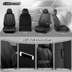 CAR PASS universal-fit leather seat covers shown with simple installation for sedans and SUVs.