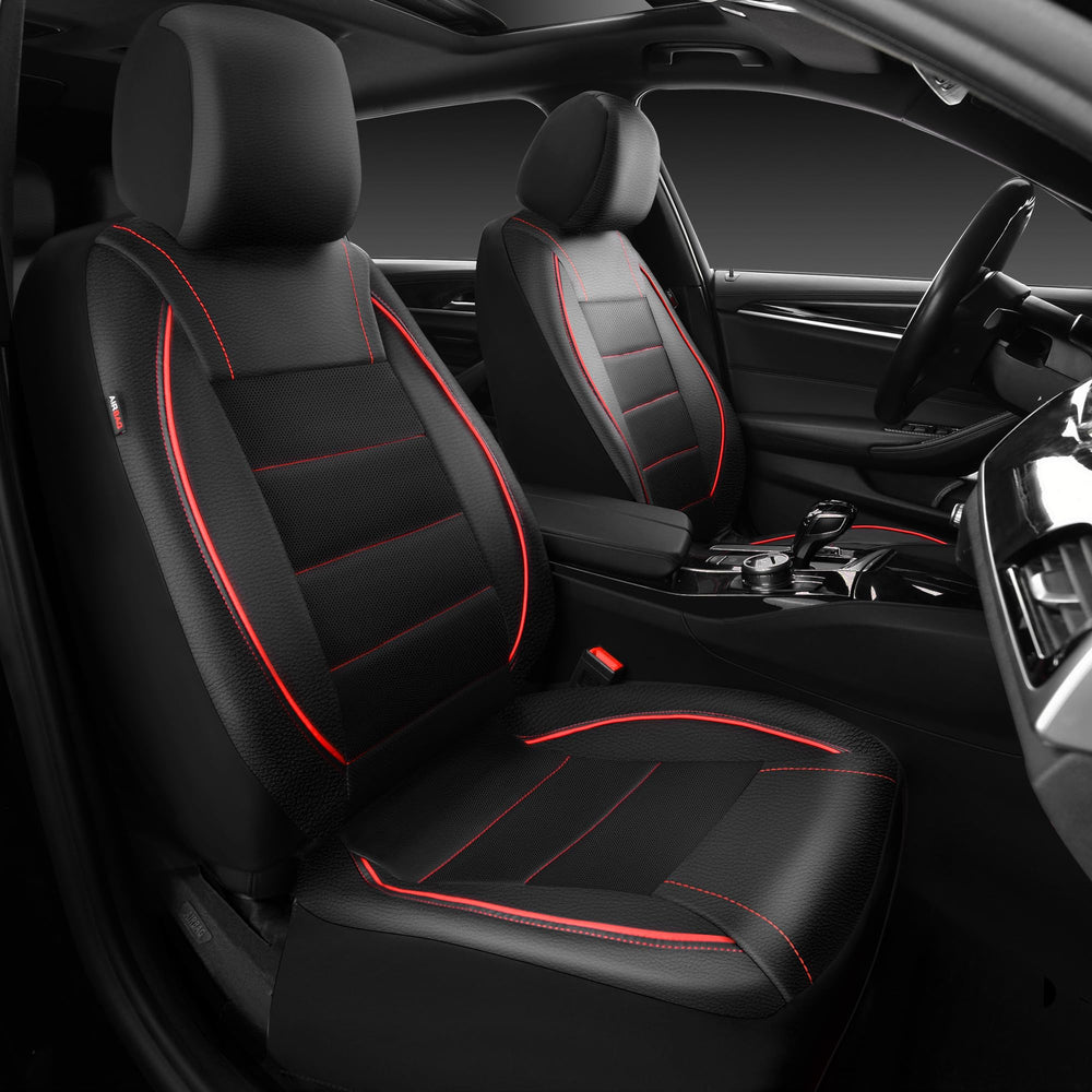 CAR PASS front seat covers in black and red with premium PU leather and waterproof protection.