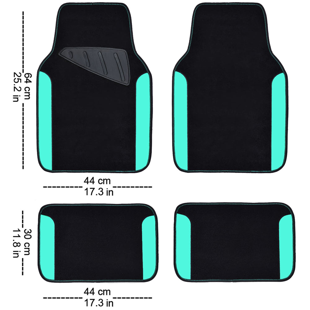 CAR PASS teal front mats close-up highlighting front-seat coverage and grip