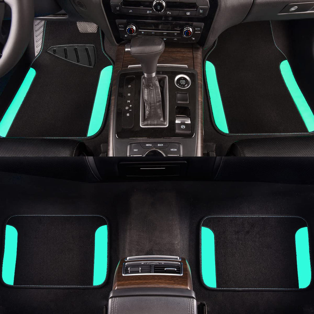CAR PASS teal rear mats close-up illustrating full-set protection for passengers