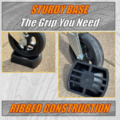 Caravanture trailer and RV accessory secures wheels during parking and storage.