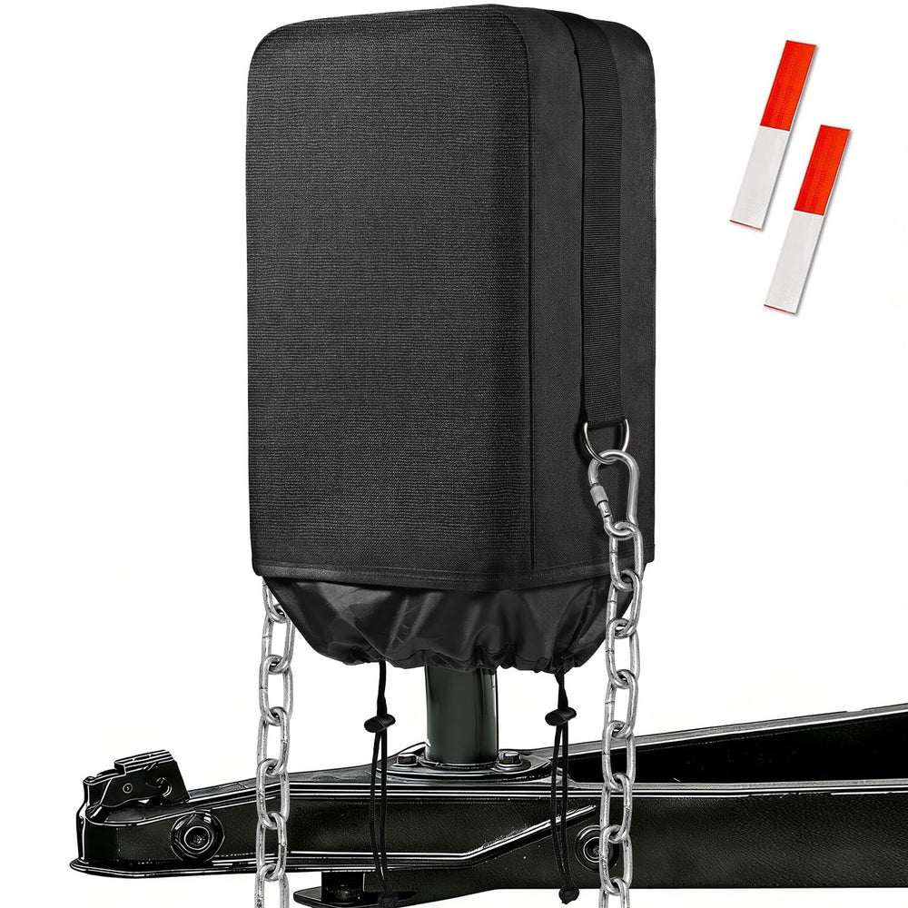 Caravista RV tongue jack cover with D rings, front view, improves stability and outdoor protection.