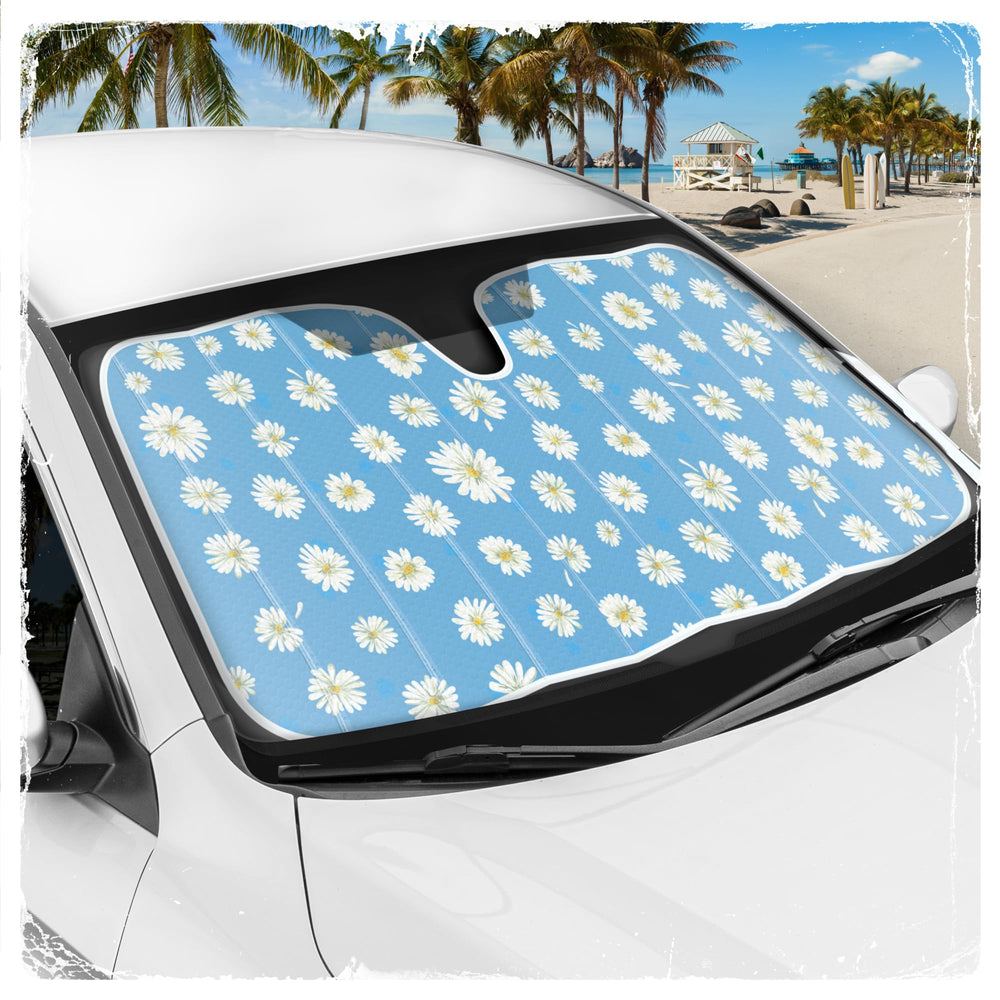 Carbella Blue Daisy windscreen shade stays in place on sunny days.