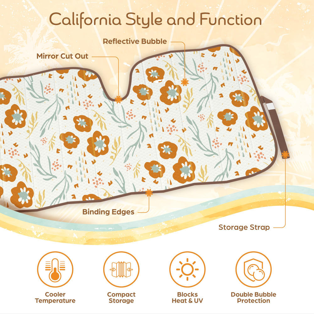 Carbella floral windshield shade adds style while protecting dashboard from sun.