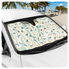 Carbella Sage Floral sun shade cools car interior on sunny days.