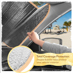 Carbella Sage Floral sun shade protects dash and electronics from sun damage.