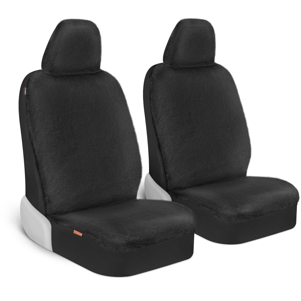 Carbella sheepskin front-seat covers in black offer plush comfort and interior protection.