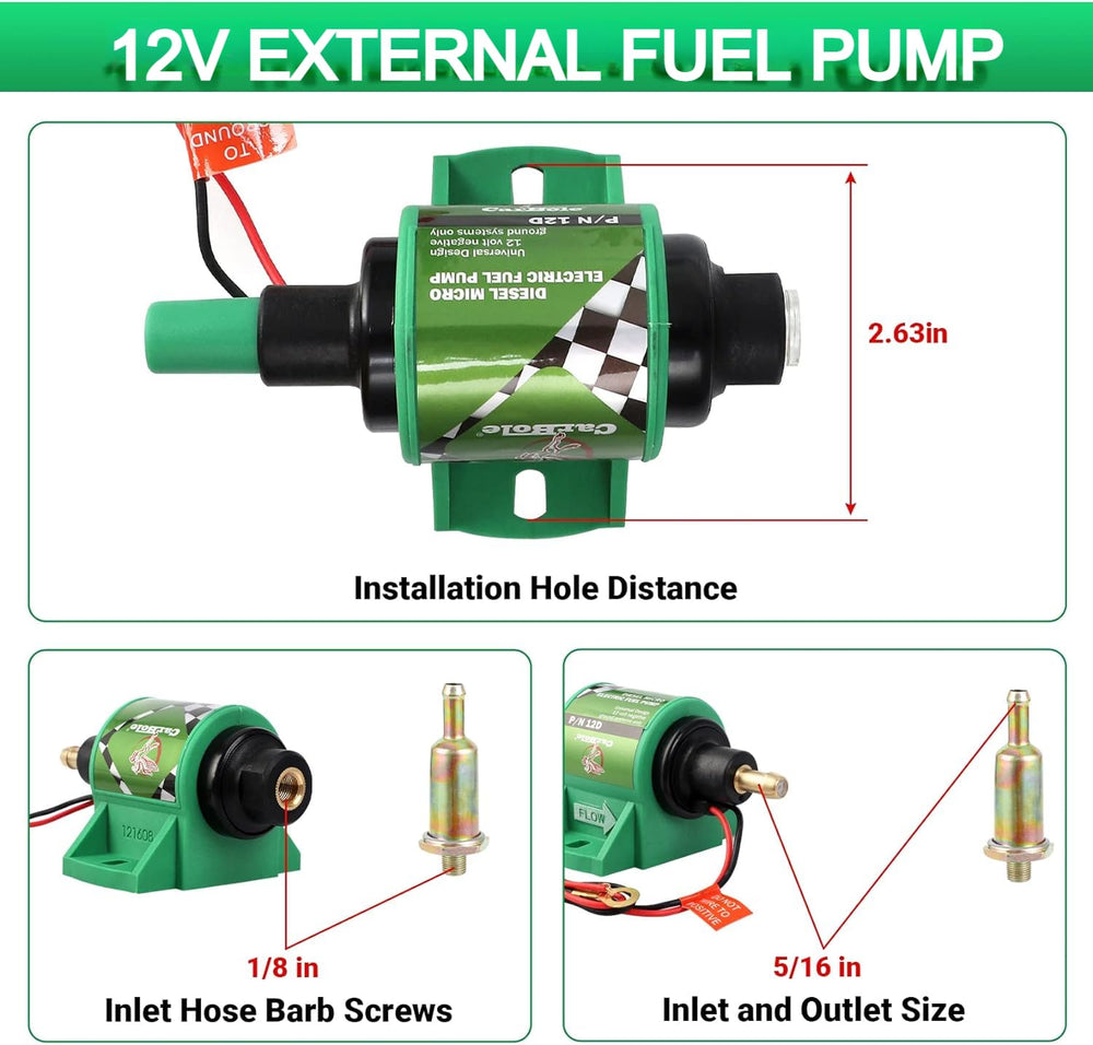 CarBole 12D micro pump inlet/outlet closeup with 5/16 inch connections.