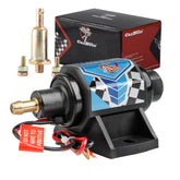 CarBole 12V fuel pump front view, compact unit ideal for tight engine bays.