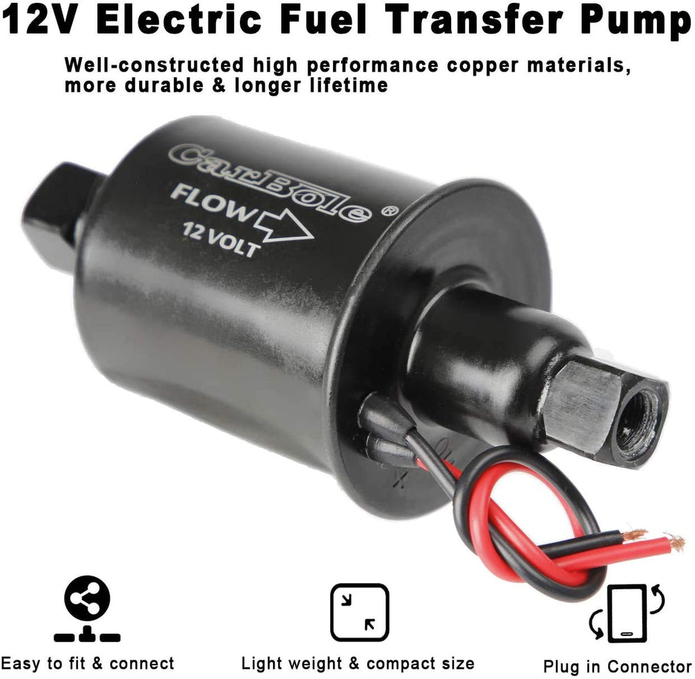 CarBole 12V fuel pump packaging image showing included fittings