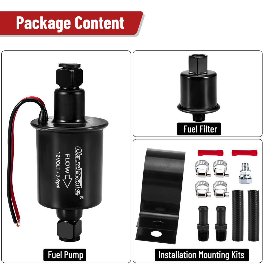 CarBole fuel pump features built-in check valve to prevent backflow.