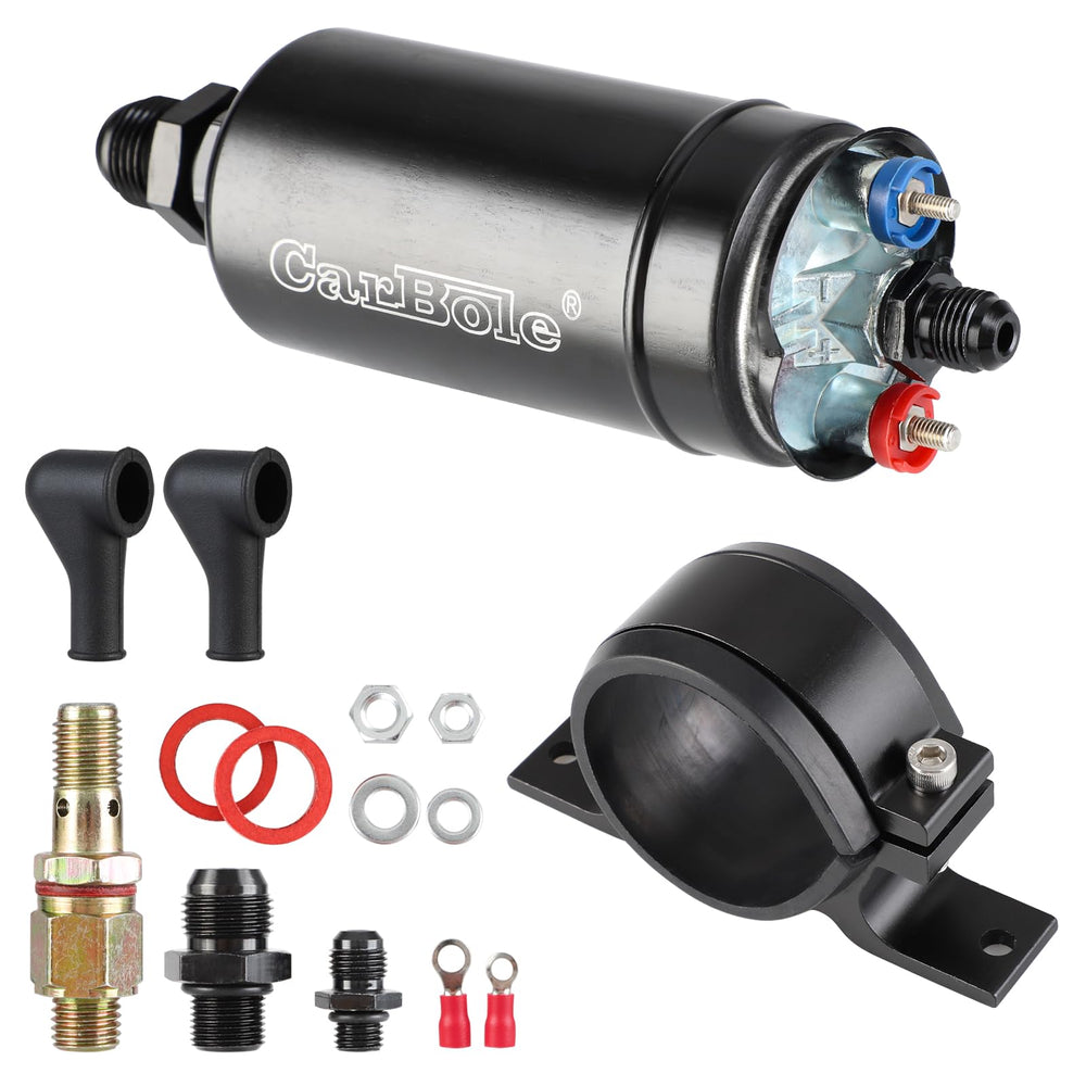 CarBole universal inline fuel pump with mounting bracket ready for secure installation