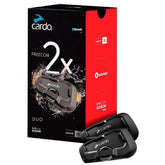 Cardo Freecom 2X dual-pack front view for seamless helmet-to-helmet comms.
