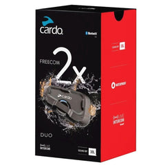 Cardo Freecom 2X waterproof shell close-up showing weatherproof design.